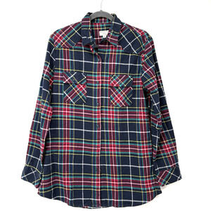 Matchstick Plaid Flannel Shirt Womens Large Roll Tab Sleeve & Bottom Button